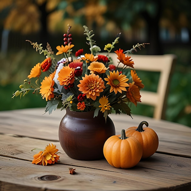 Photo a vase with flowers and pumpkins on a table