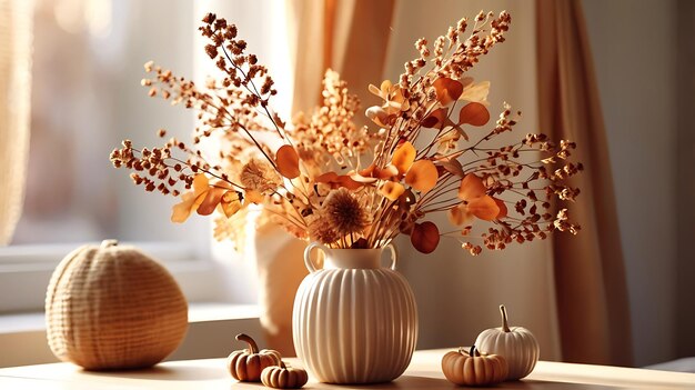 a vase with flowers and pumpkins on a table