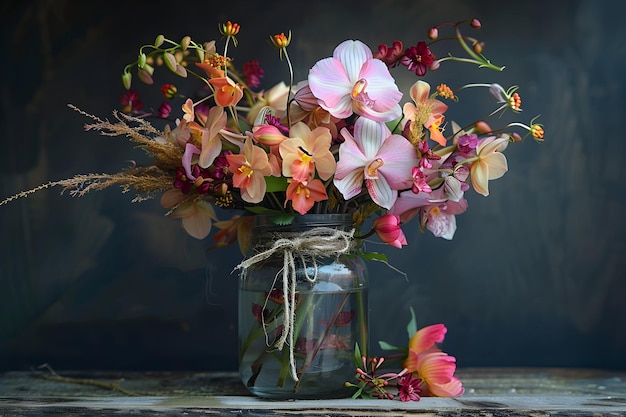 a vase with flowers and a ribbon tied around it