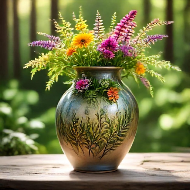 a vase with flowers on the side of it is sitting on a table