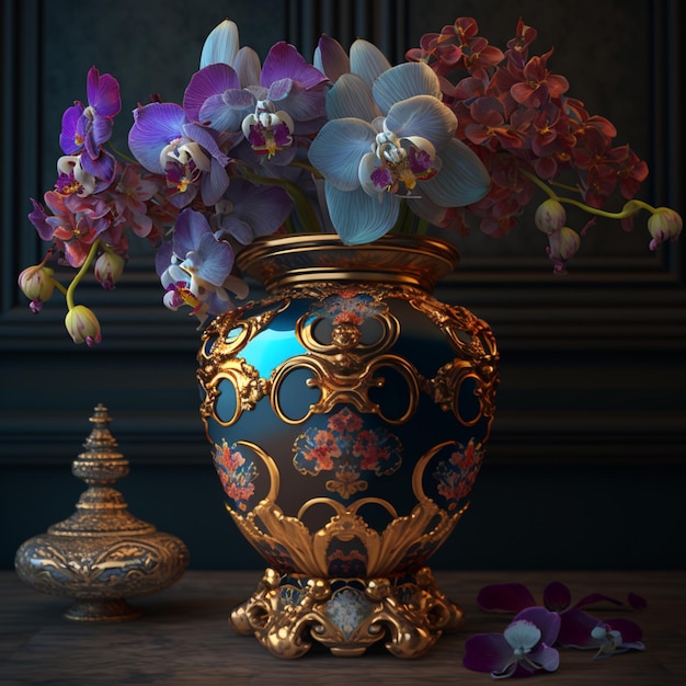 A vase with flowers and a small one on it