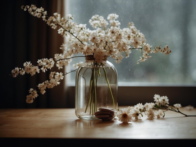 a vase with flowers and a stone in it