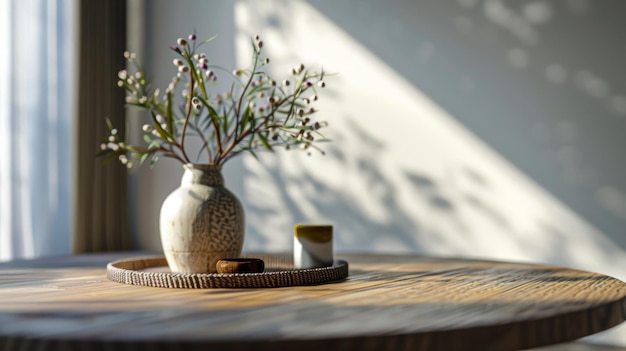 a vase with flowers on a table and a candle in it