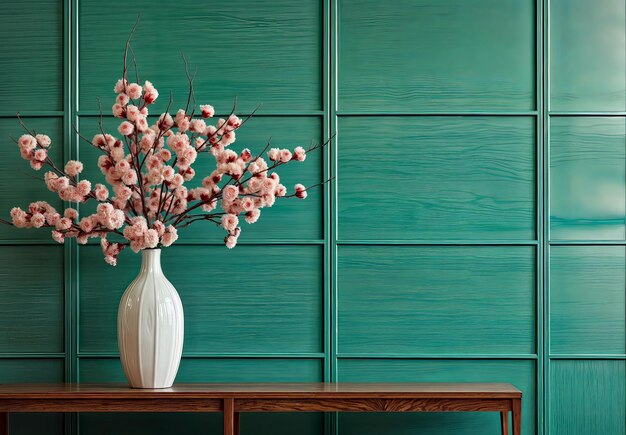 a vase with flowers on a table and a green wall behind it