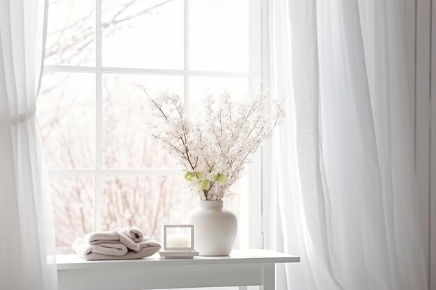 a vase with flowers on a table near a window