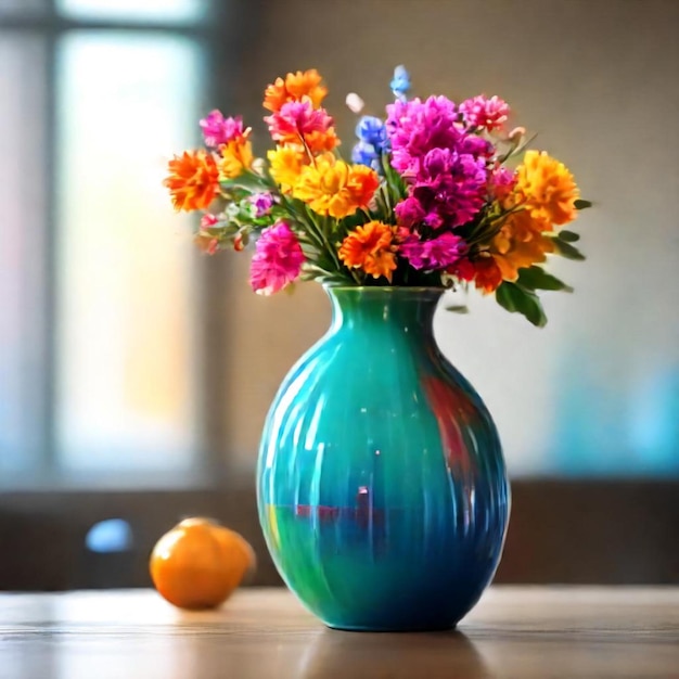 a vase with flowers on a table and an orange