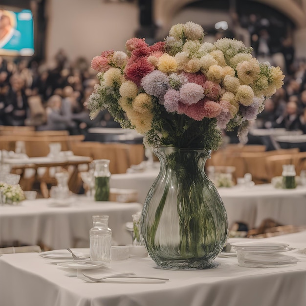 Photo a vase with flowers on a table and people in the background