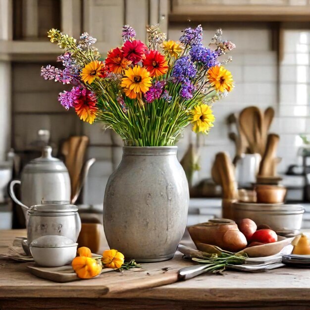 Photo a vase with flowers on a table and a pot with a bunch of flowers in it