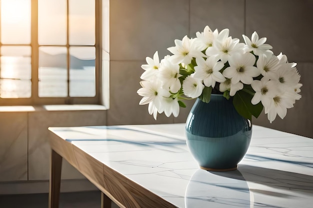 A vase with flowers on a table and the sun shining on the background.