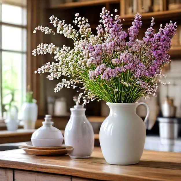 a vase with flowers on a table and a vase with purple flowers