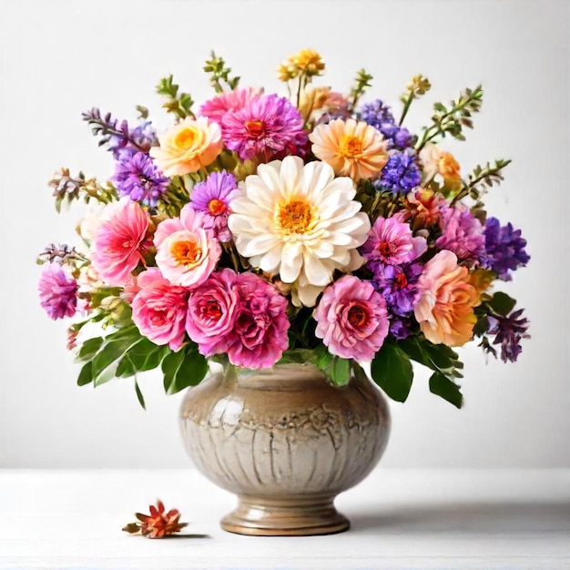 a vase with flowers on a table and a wall behind it