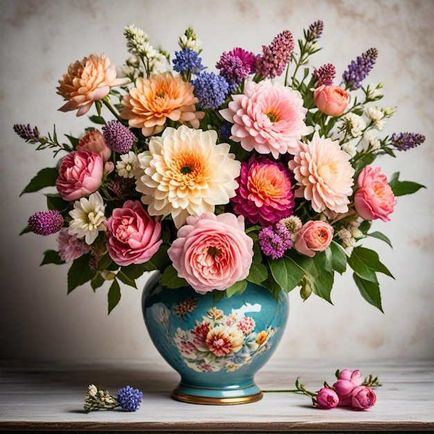 a vase with flowers on a table and a wall behind it