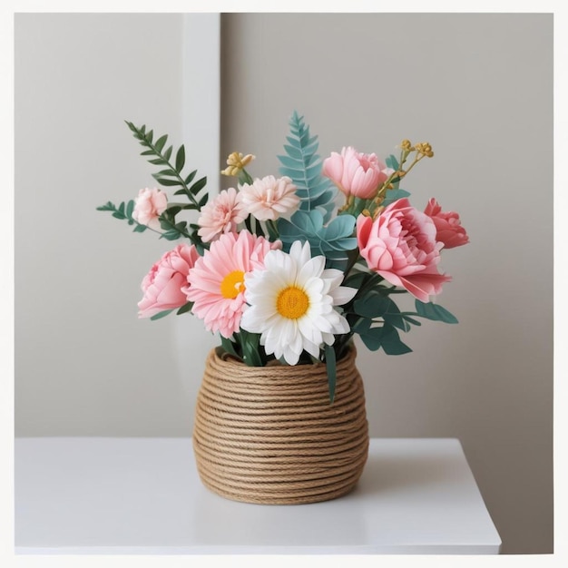 Photo a vase with flowers on a table and a wall behind it