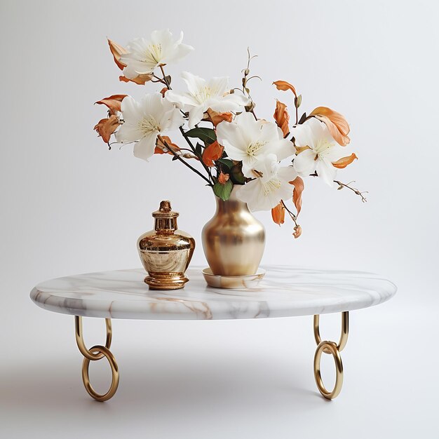 Photo a vase with flowers on a table and a white background