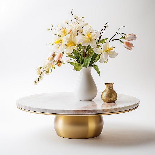 a vase with flowers on a table and a white background