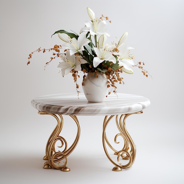 a vase with flowers on a table and a white background