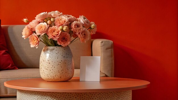 Photo a vase with flowers on a table with a card on it