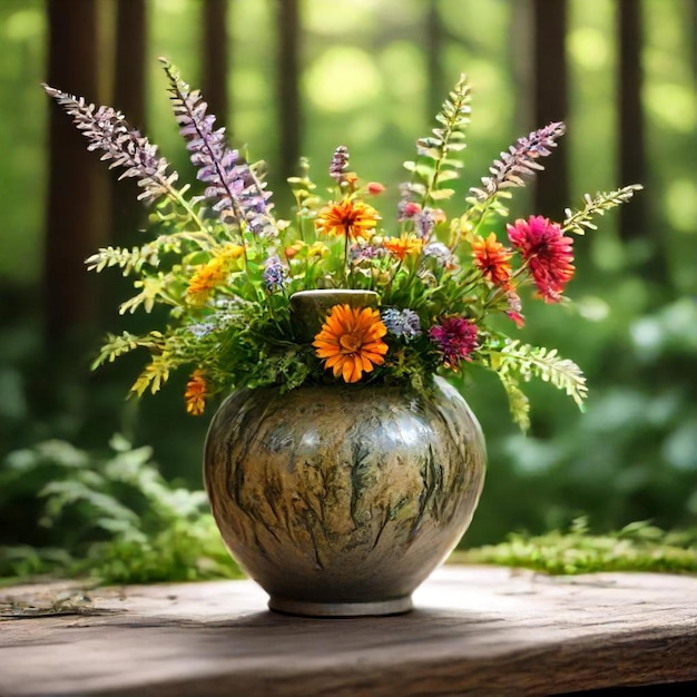 a vase with flowers on a table and the word  wild  on the side