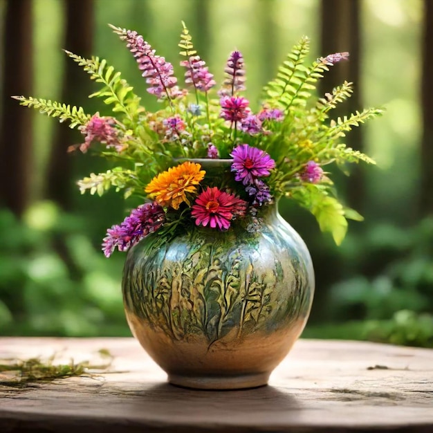 a vase with flowers on a table and the words  wild  on the bottom