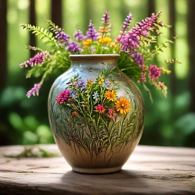 a vase with flowers on a table and the words  wildflower  on the bottom