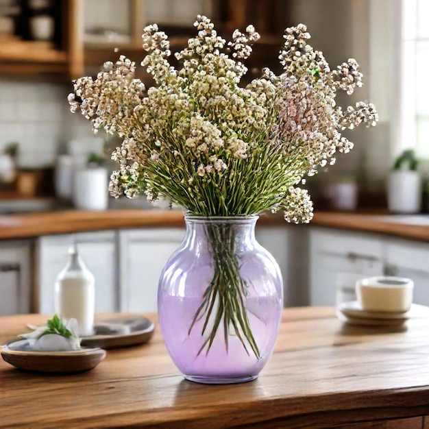 a vase with flowers and a vase with a bottle of purple liquid