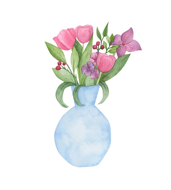 Vase with flowers watercolor illustration