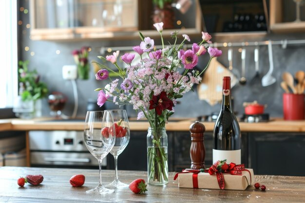 Vase with flowers wine glasses and a gift on the holiday table A gift for your beloved