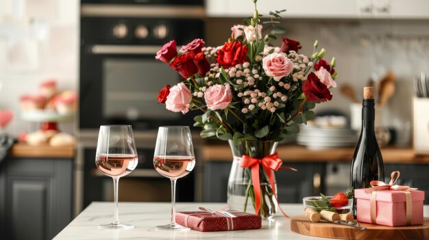 Vase with flowers wine glasses and a gift on the holiday table A gift for your beloved