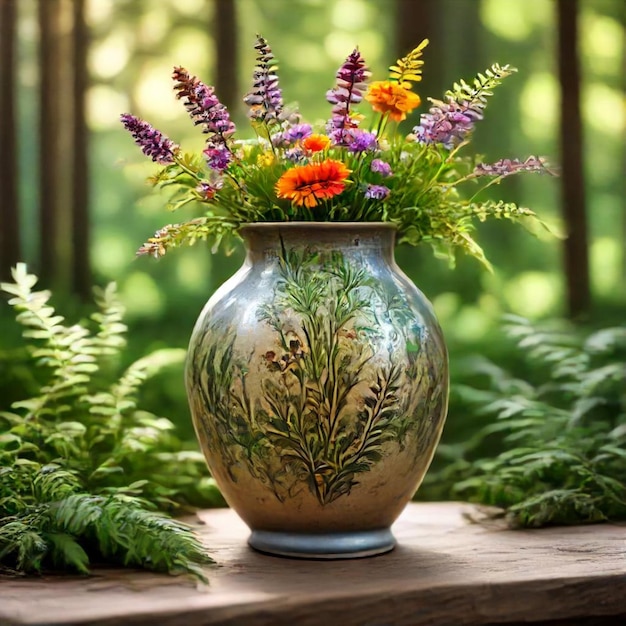 a vase with flowers and the words  wildflower  on it