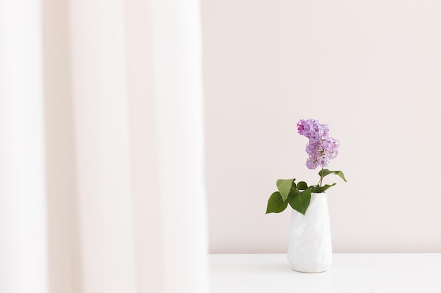 vase with fresh lilac flowers on the white table