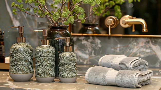 Photo vase with green branches towels and soap dispenser on countertop in bathroom