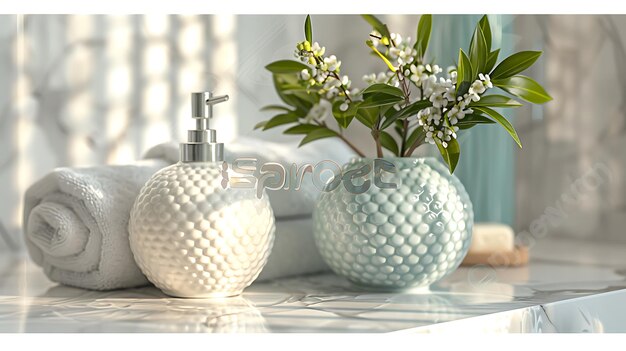 Photo vase with green branches towels and soap dispenser on countertop in bathroom