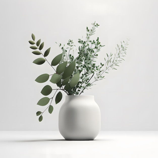 A vase with green leaves and a plant in it