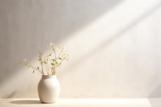 Vase with gypsophila flowers on table near light wall