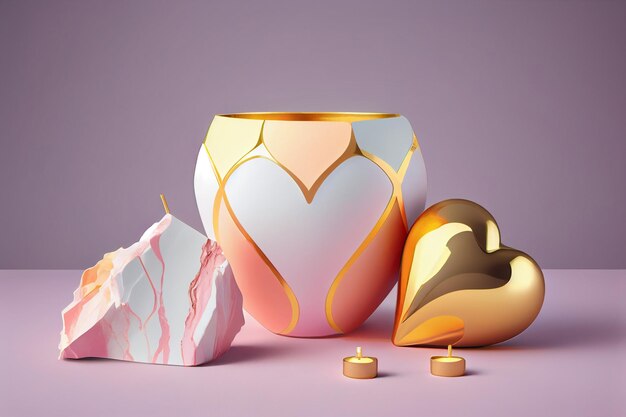 A vase with a heart and a candle on it