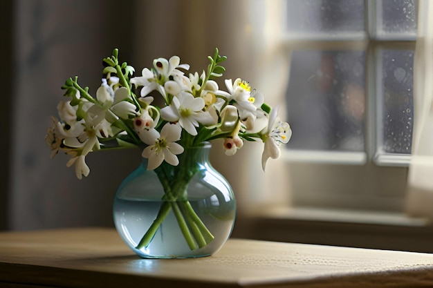 Vase with light fragrant flowers on table Ai Generated