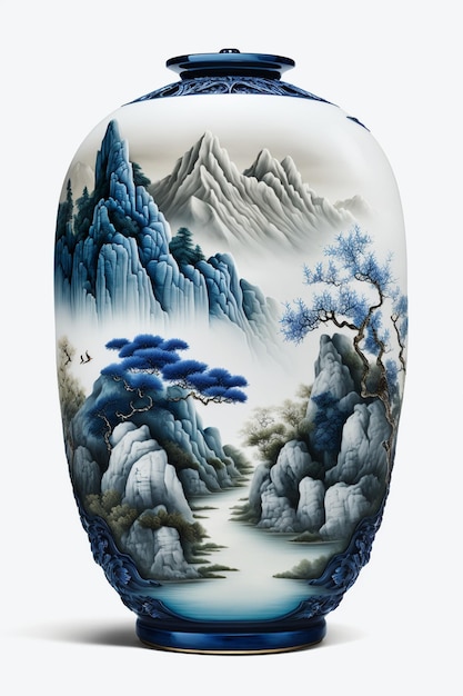 A vase with a mountain and a mountain in the background