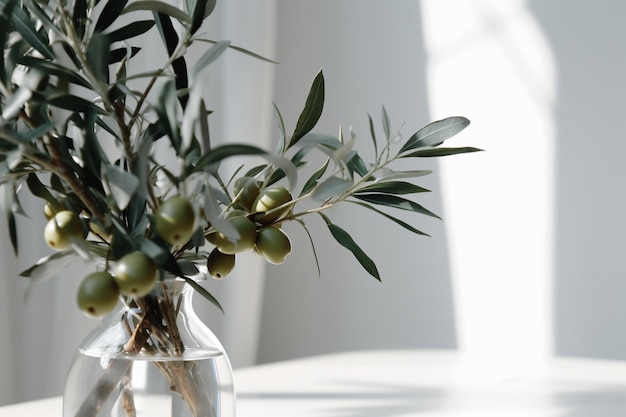 A vase with olives and a branch of olives in it.