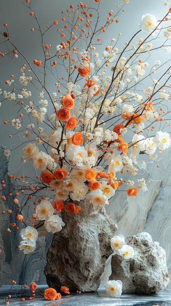 a vase with orange flowers on it is a vase with orange flowers