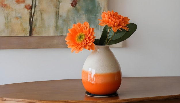 a vase with orange flowers on a table