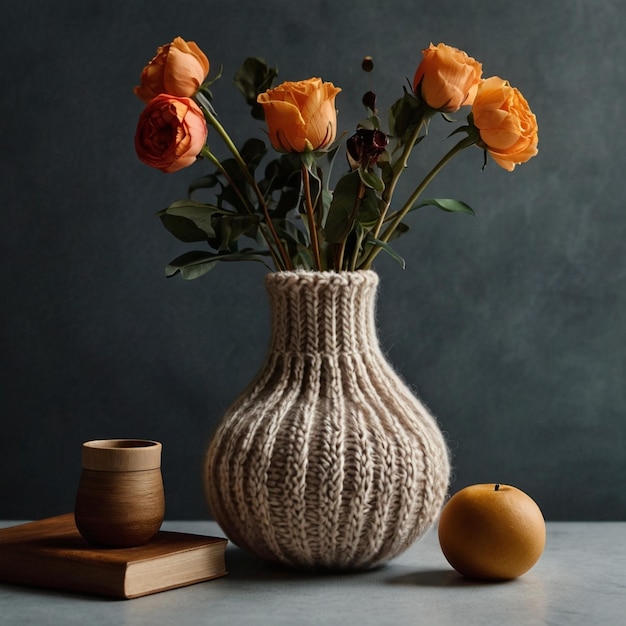 Photo a vase with orange roses and a small piece of wood on a table