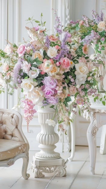 a vase with pastel flowers on a white side table near an armchair in a living room shown in a closeup view