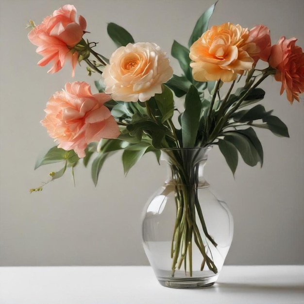 a vase with peach and peach roses on a table