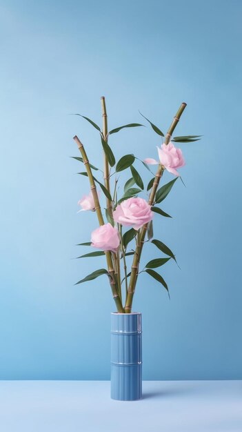 A vase with pink flowers and bamboo stems in it