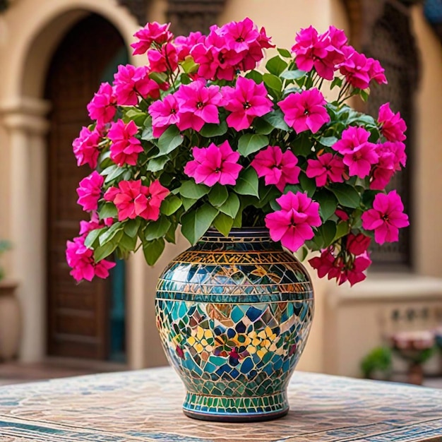 a vase with pink flowers and a blue and green design on it