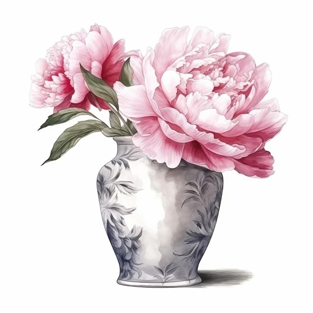 A vase with pink flowers is shown with a white background.