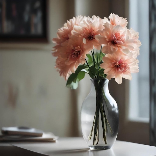 a vase with pink flowers in it sits on a table