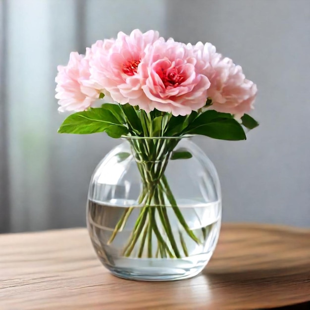 a vase with pink flowers in it sits on a table