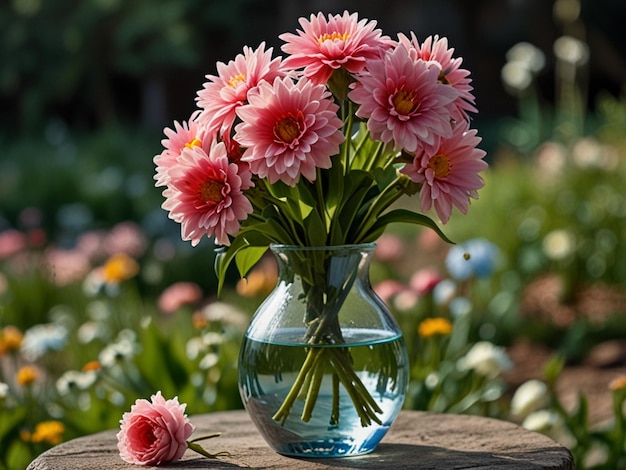 a vase with pink flowers in it and a small vase with water in it