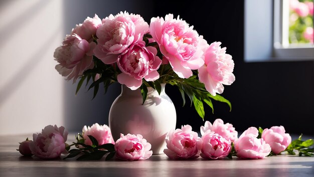 a vase with pink flowers in it and a white background with a white background behind it